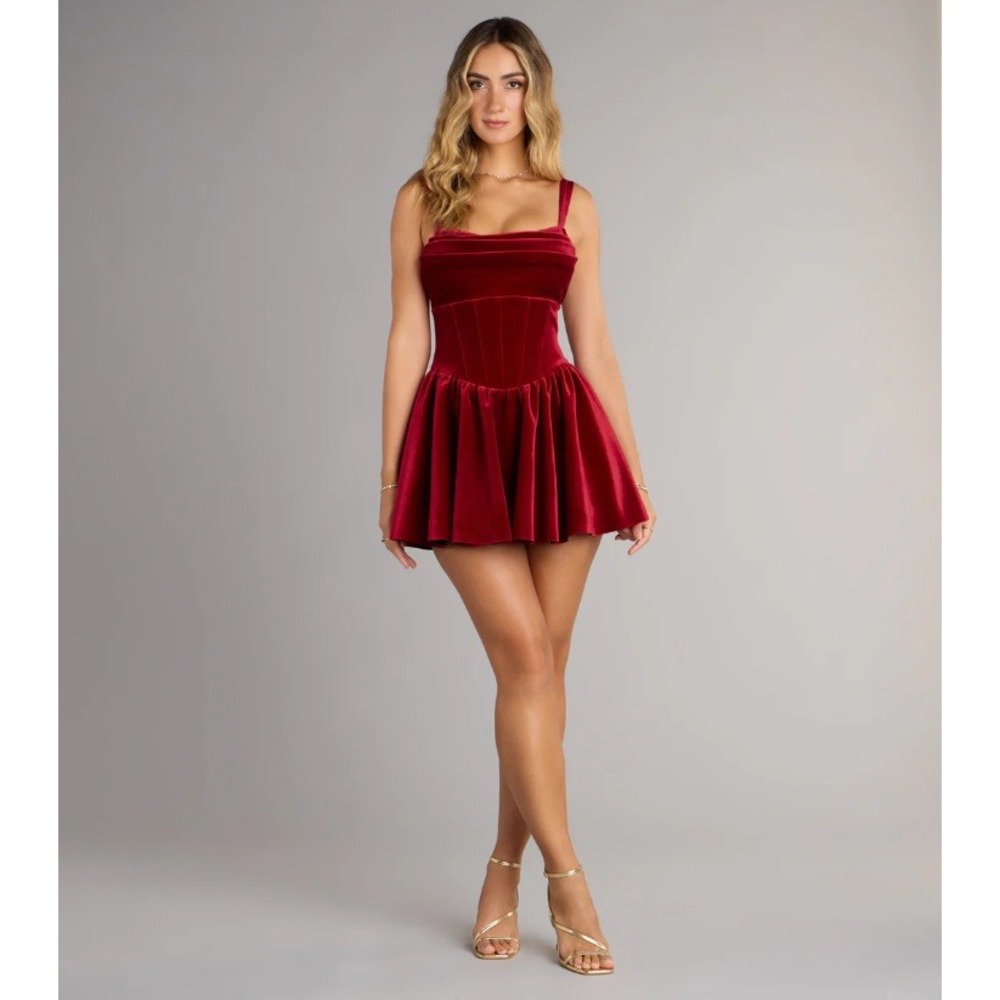 Windsor Red Kyla Velvet Cutout Corset Skater Mini Dress Wedding Formal Date M